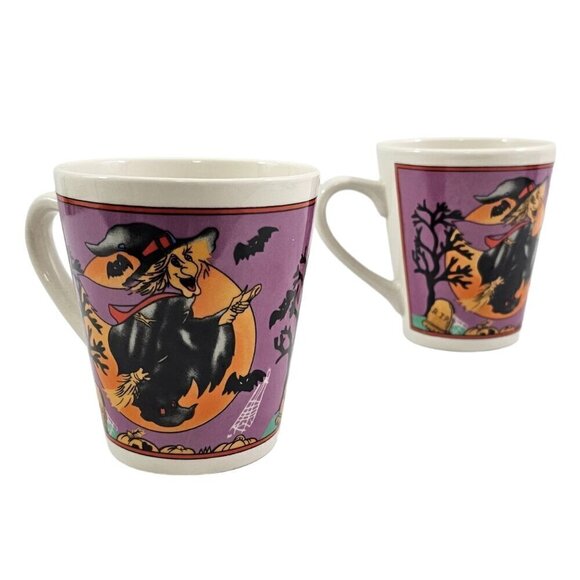 Witches Bats Spooky Halloween 10 Oz Ceramic Coffee Tea Mug Cups – Set of 2 - Picture 1 of 16